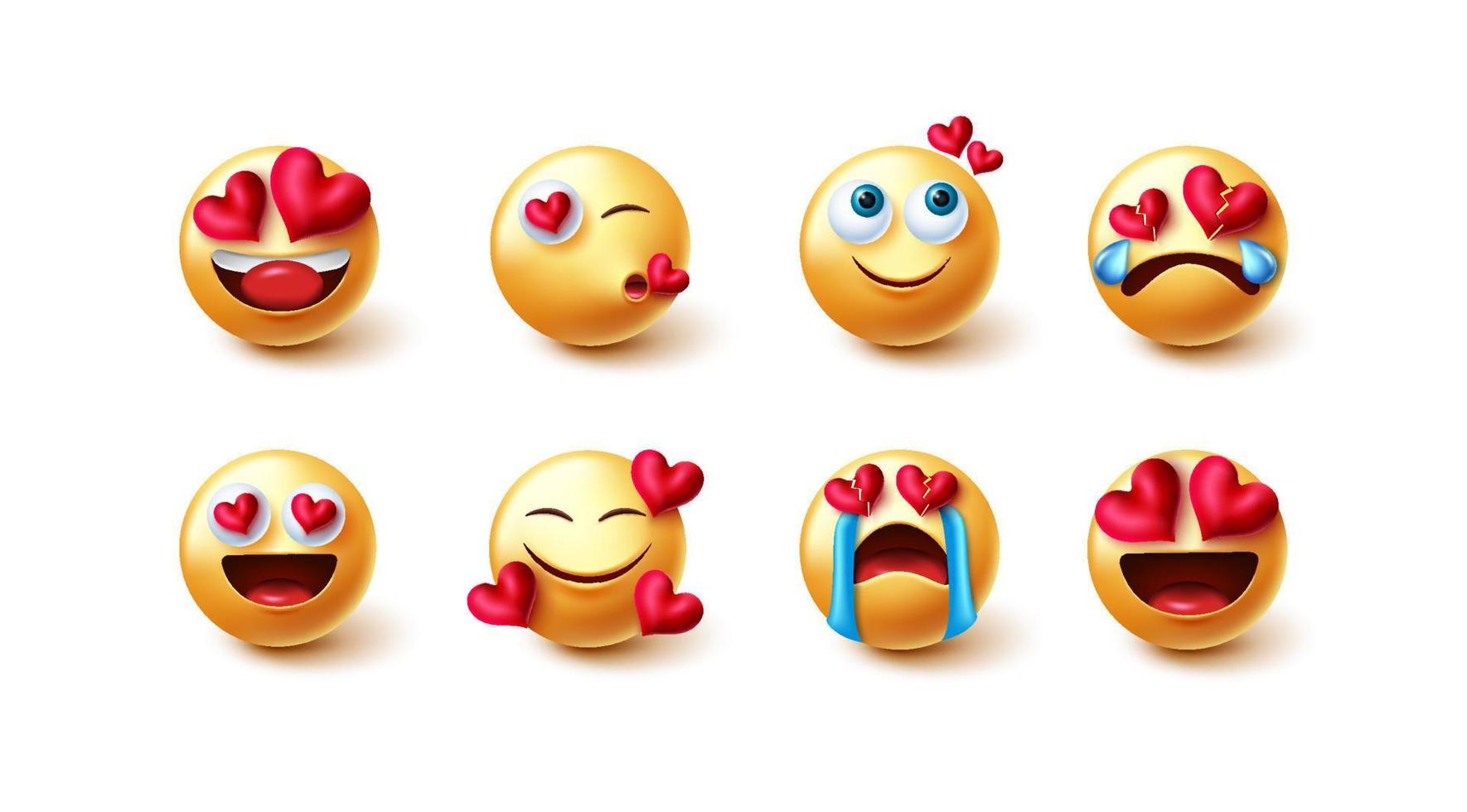 emoji valentijnskaarten verliefd vector set. emoticons karakters in gele gezichten met harten element in mooie en gelukkige emoties en reactie voor emojis karakter liefde collectie design.