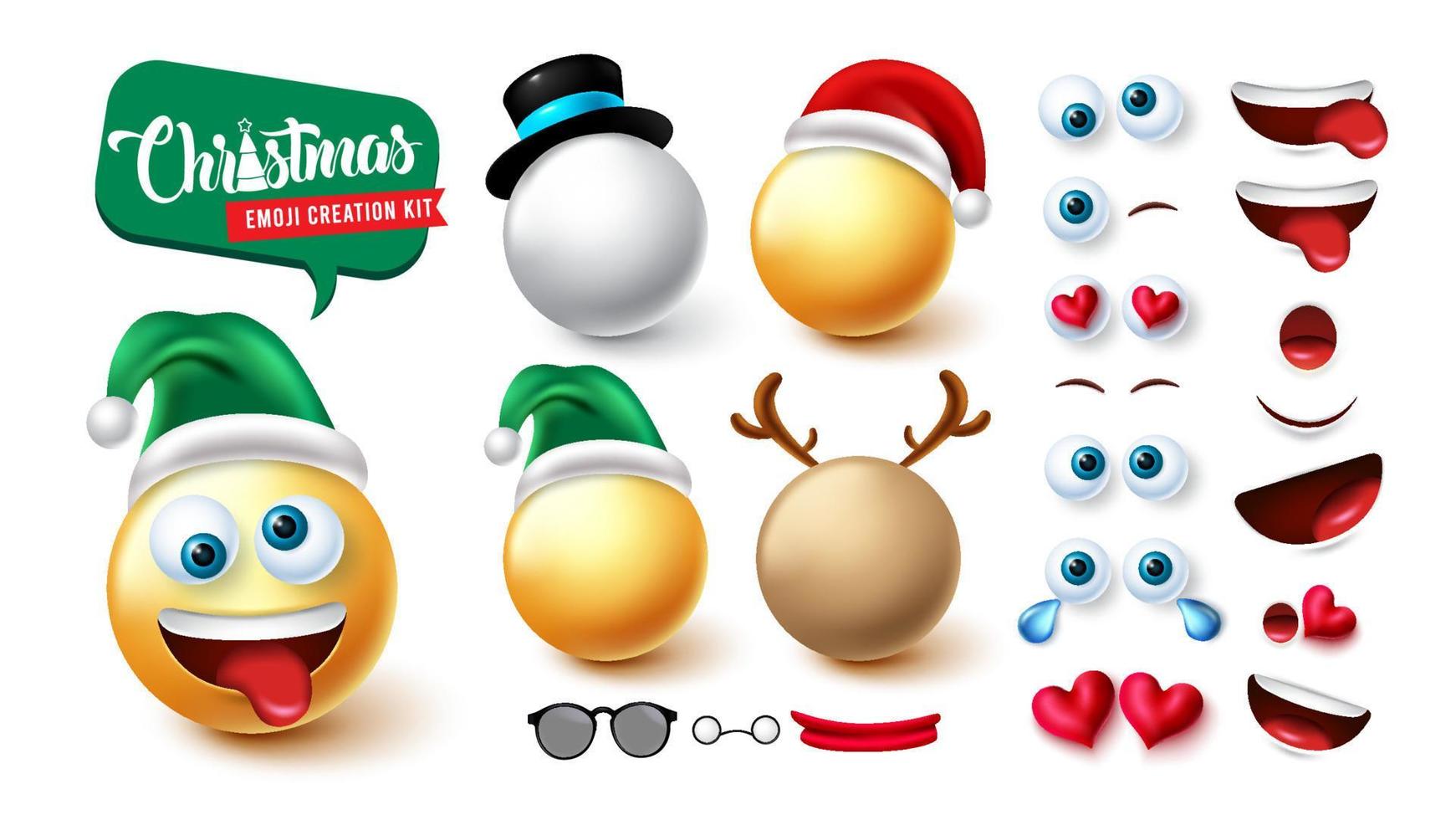 kerst emoji maker vector set. emojis xmas 3D-personageskit van kerstman, sneeuwpop en rendier met bewerkbaar gezicht voor het maken van schattige gezichtsuitdrukkingen. vectorillustratie.