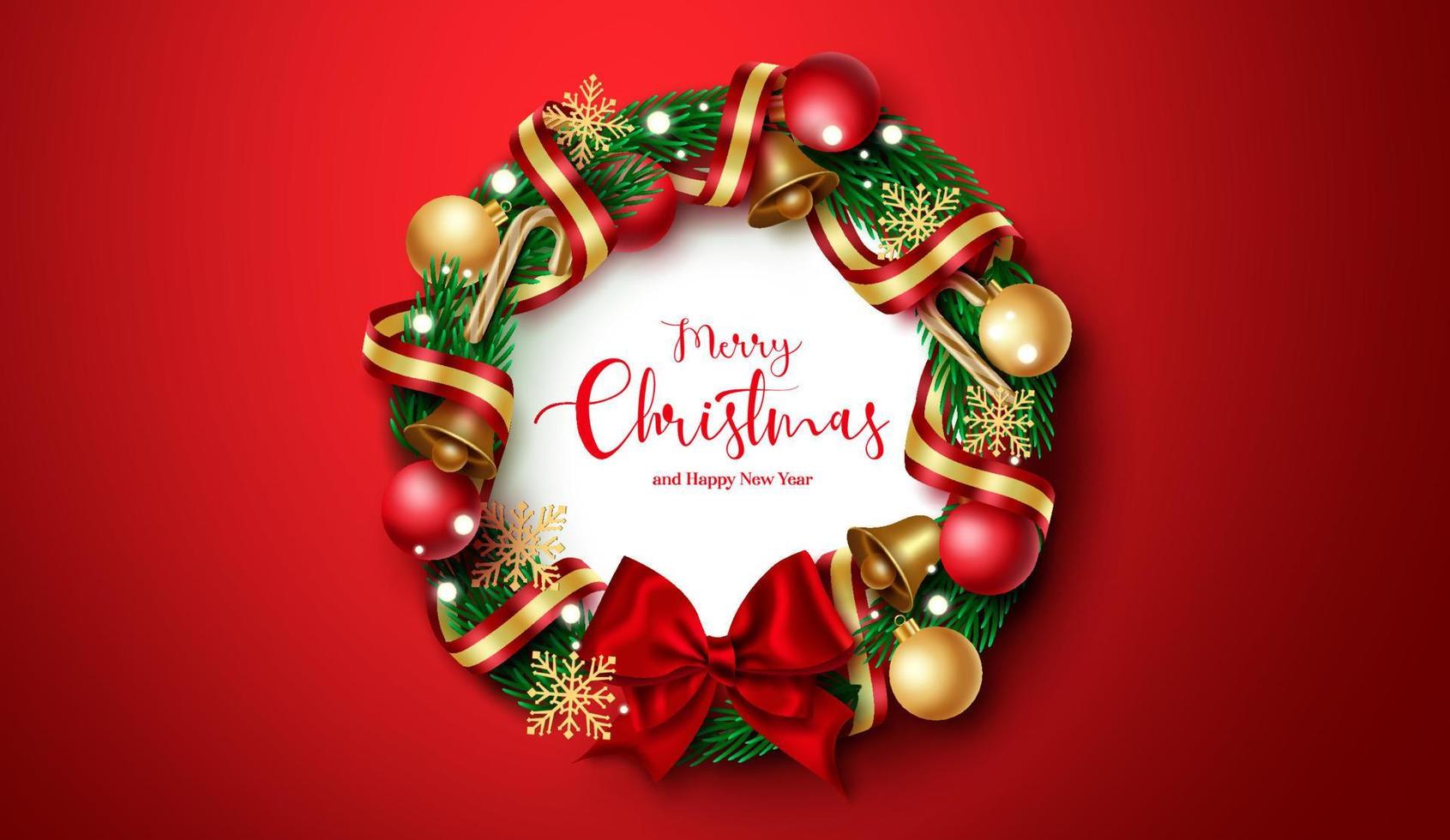 kerst krans vector ontwerp. prettige kerstdagen en gelukkig nieuwjaar groet tekst in krans fir takken element met kleurrijke bal, bel en lint xmas decoratie op rode achtergrond.