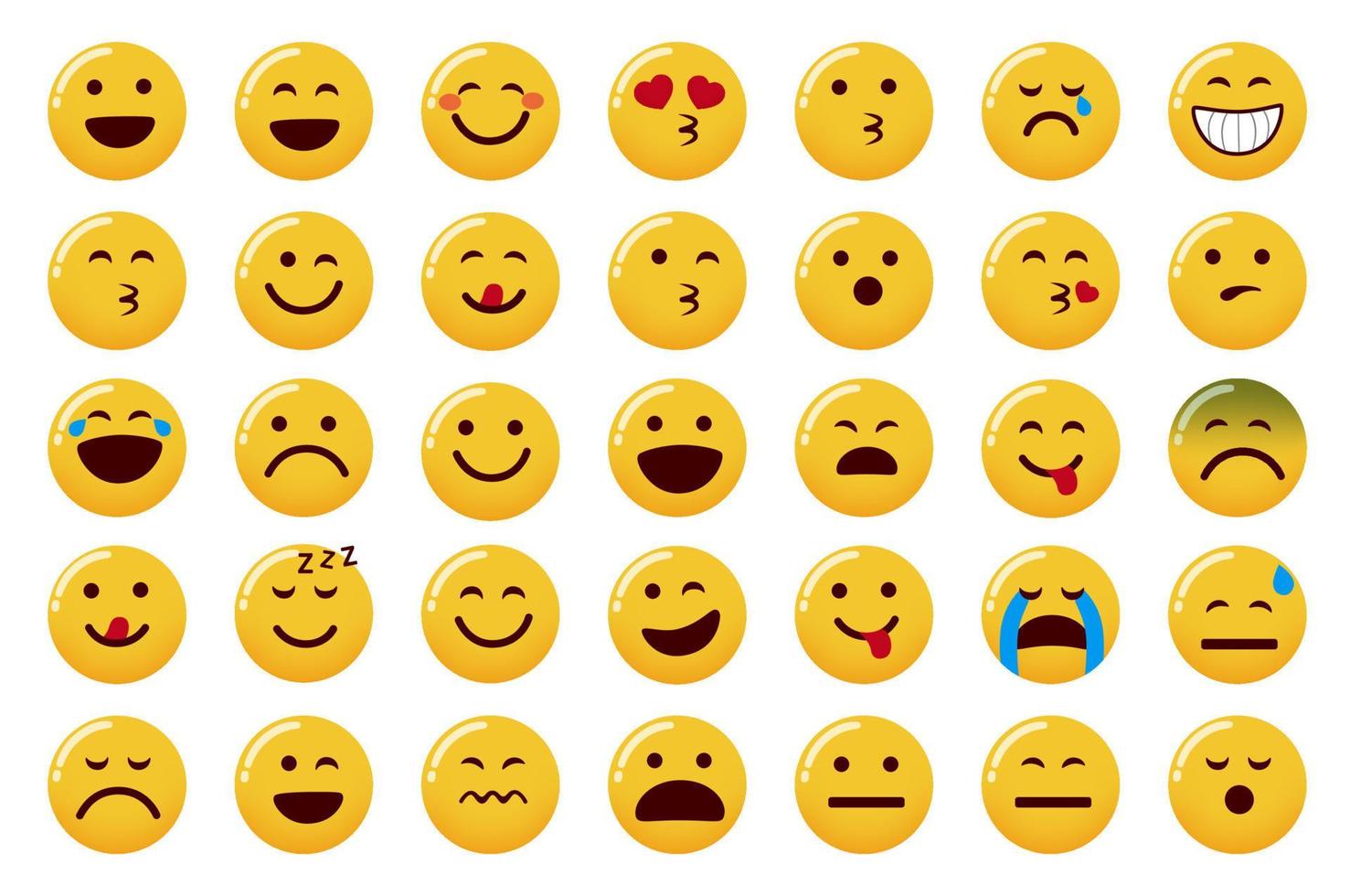 emoticon emojis vector set. emoji gezicht pictogram met glimlachen, verliefd en lachen gezichtsuitdrukkingen geïsoleerd op een witte achtergrond voor schattige platte emoticons collectie design. vectorillustratie.