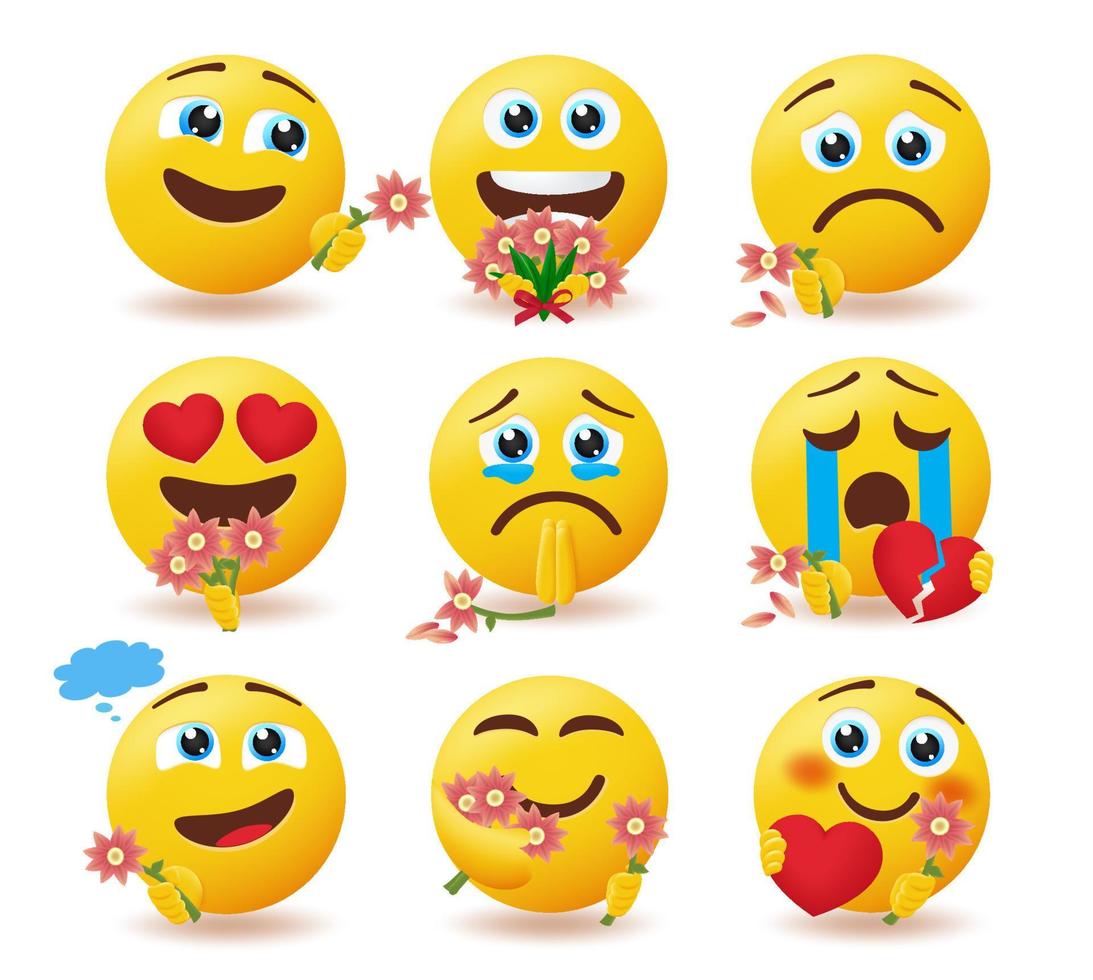emoji aanbidder tekens vector set. emoticons bewonderaar die bloemen vasthoudt en geeft met een gelukkige en droevige uitdrukking voor valentijn in liefde en gebroken karakterontwerp. vectorillustratie.