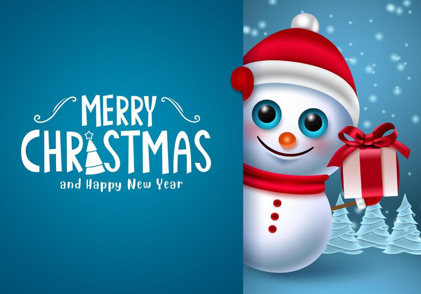 kerst sneeuwpop karakter vector sjabloon. vrolijke kersttekst in blauwe ruimte voor berichten met sneeuwman karakter met cadeau voor xmas wenskaart ontwerp. vectorillustratie.