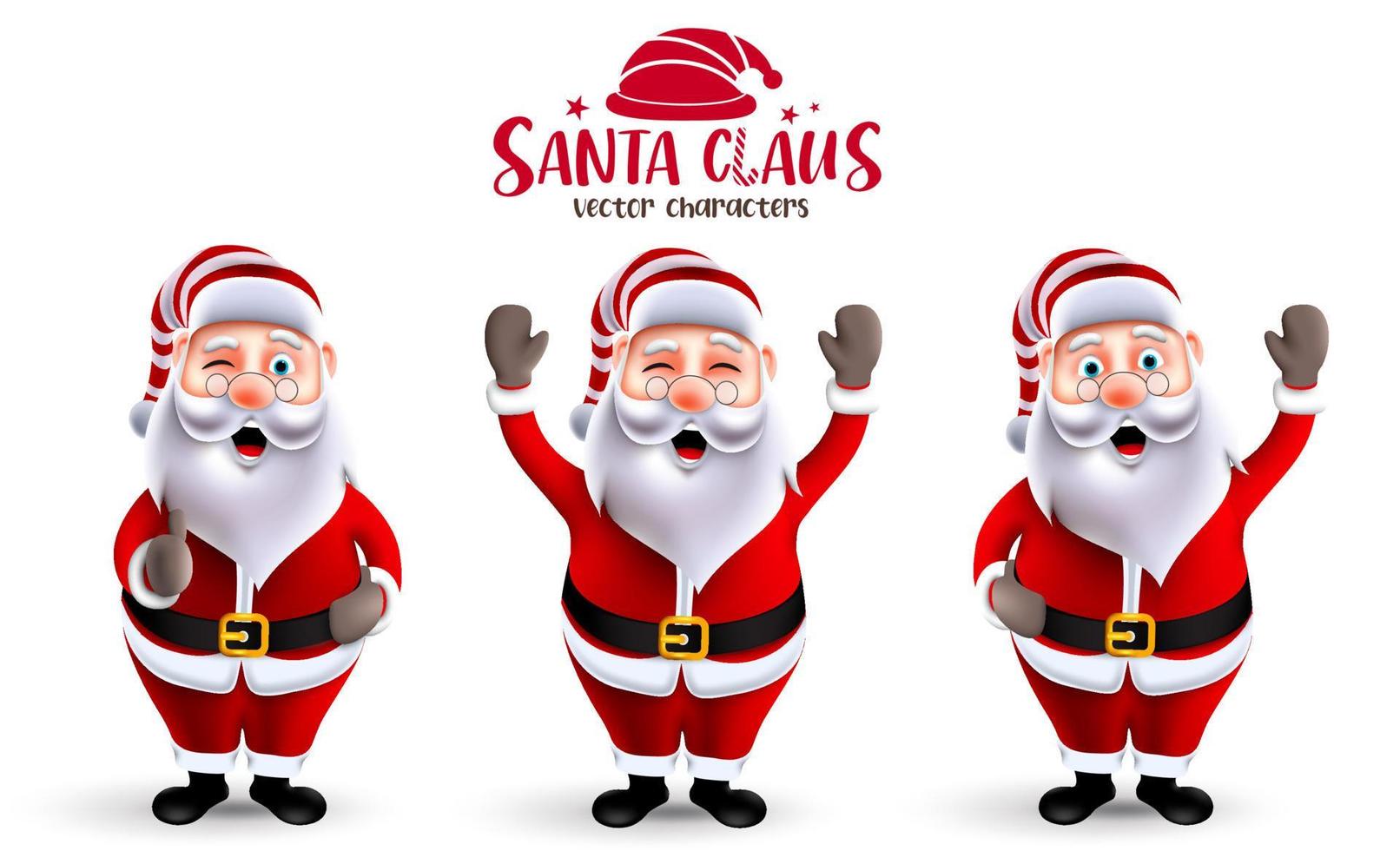santa claus kerst vector tekenset. 3D-personages van de kerstman in vrolijke gezichtsuitdrukkingen met staande, zwaaiende en oke gebaren voor de kerstseizoencollectie. vectorillustratie.
