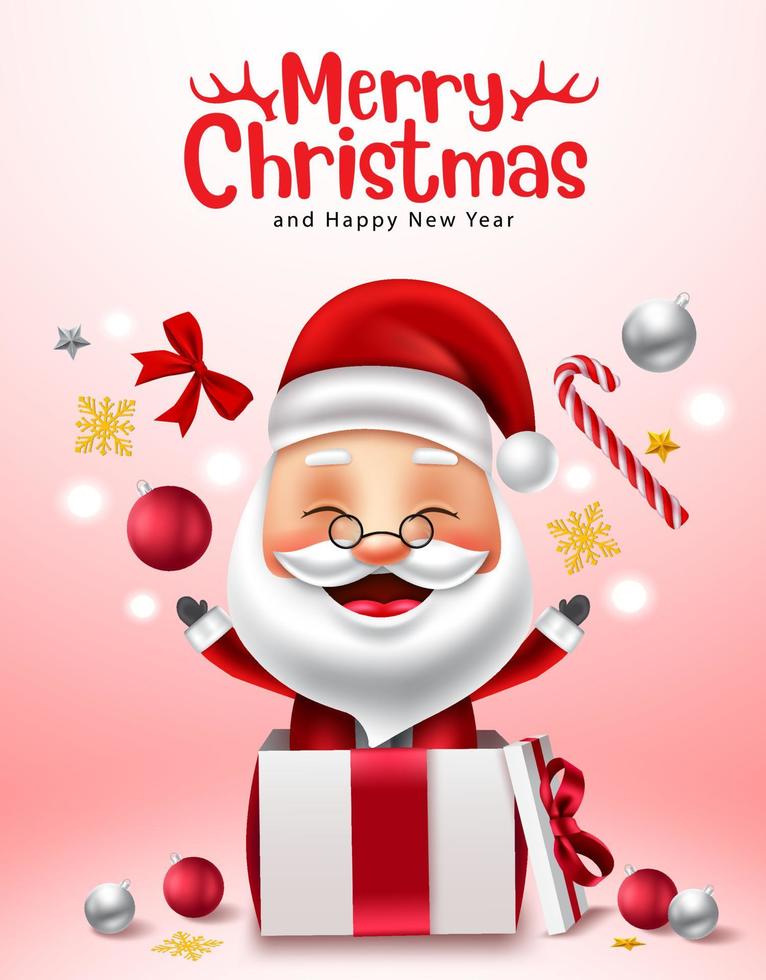 kerst kerstman vector ontwerp. vrolijke kersttekst met santa claus 3d karakter die kerstversiering in doos gooit voor leuke vakantieseizoenvieringsachtergrond. vectorillustratie.