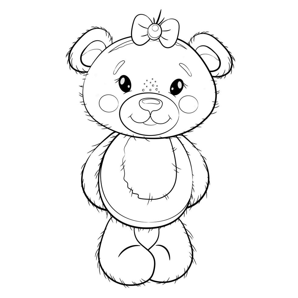 schattige cartoon teddybeer meisje met een strik. vector overzicht illustratie. kleurplaat.