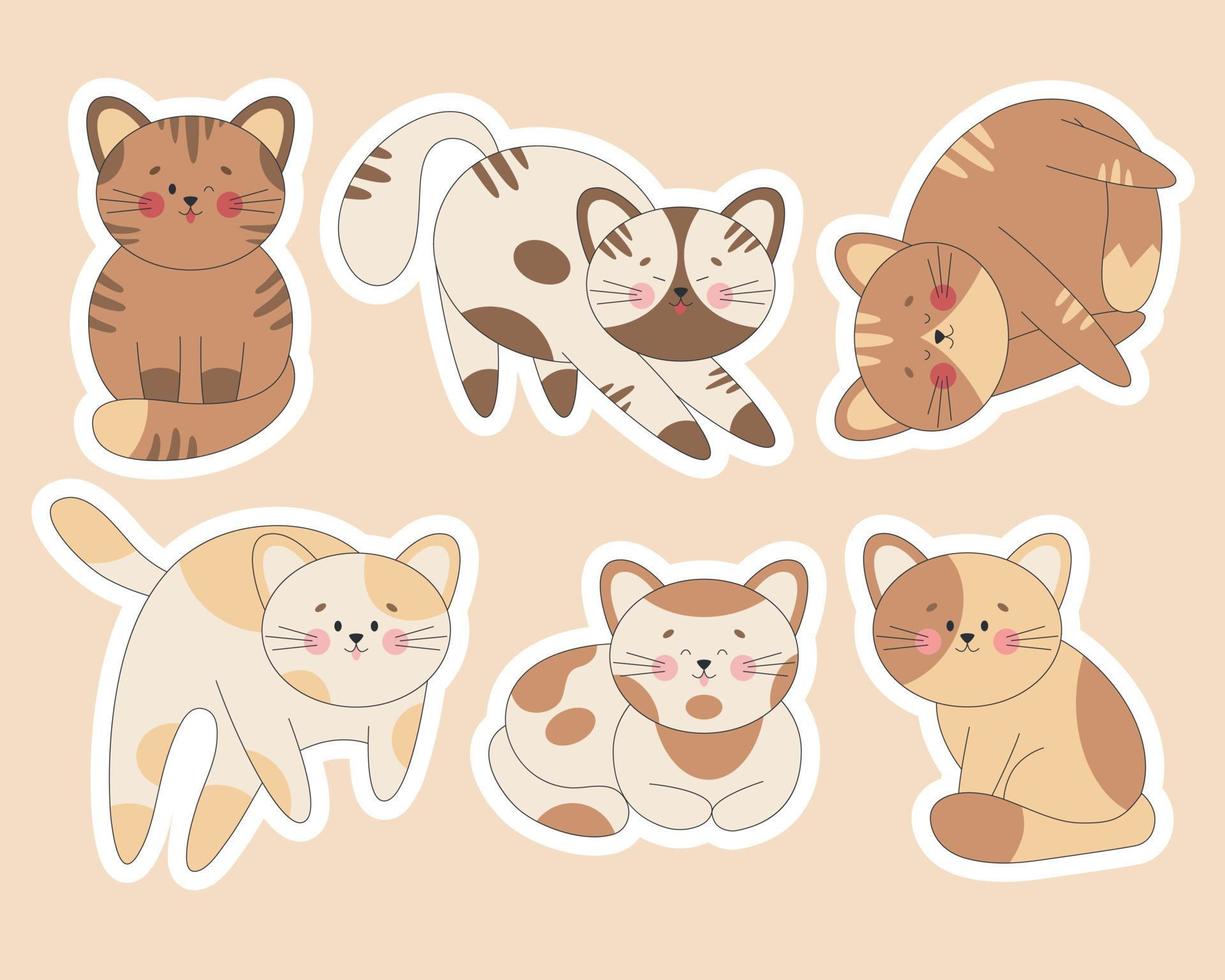 set schattige kattenstickers. kawaii kitten met verschillende poses en emoties geïsoleerd. platte vector met een omtrek.