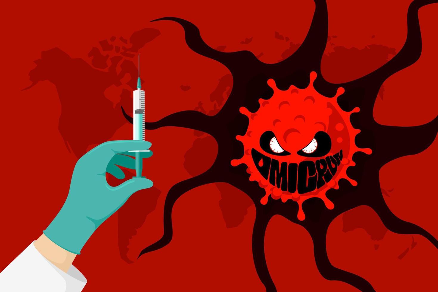 nieuwe coronavirusvariant van covid-19-stam ommicron. wereld alert aanval concept. gemuteerde corona-virusuitbraak en luchtweginfectieziekte-epidemie. vaccin in de hand van de arts. vector illustratie