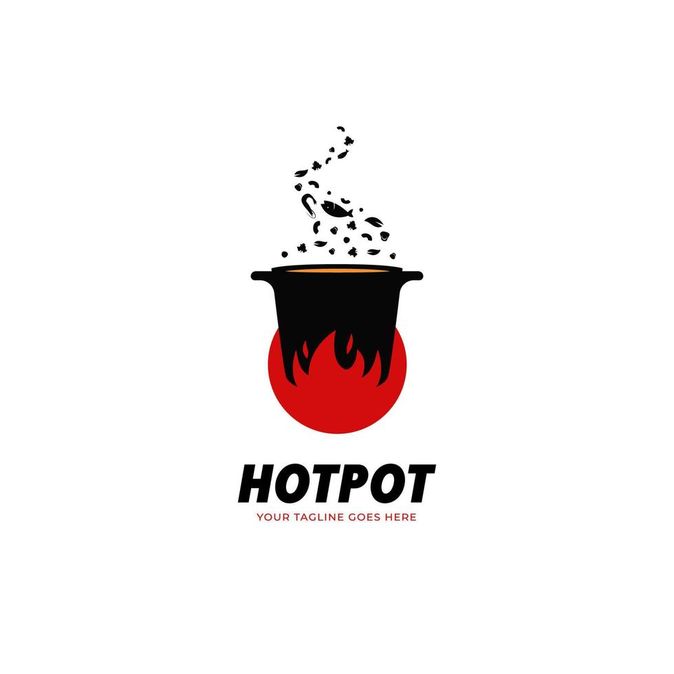 hot pot keuken en catering restaurant soul food logo pictogrammalplaatje met grote vuurvlam en zeevruchten vector