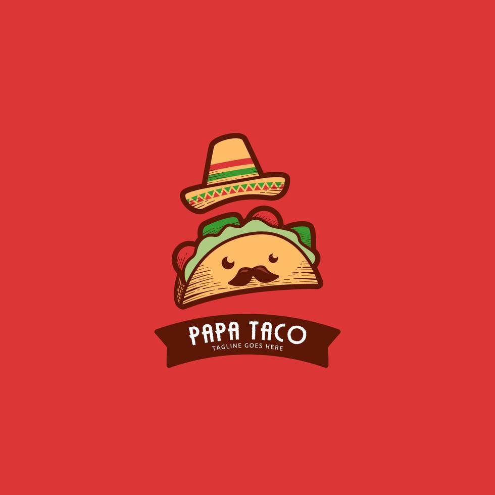 schattig papa taco-mascotte-logo met Mexicaanse hoed en snor in vintage retro-stijl arcering vector