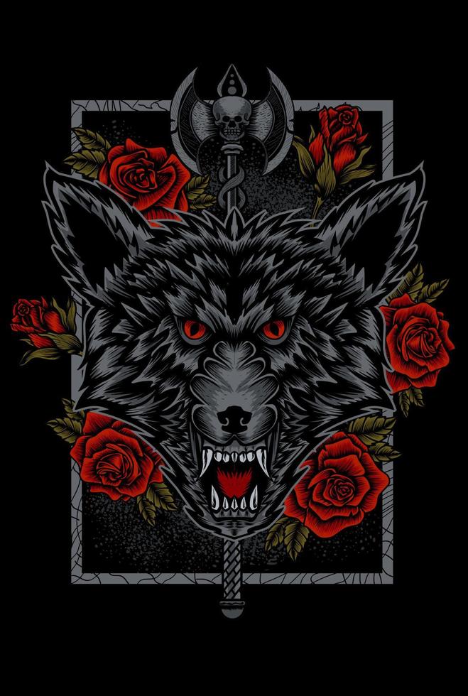 illustratie vector boze wolf hoofd met roze bloem