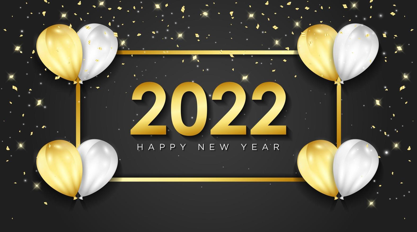 gelukkig nieuwjaar 2022 wenskaart met realistische gouden en witte ballonnen viering achtergrondontwerp voor wenskaart, poster, banner. vectorillustratie. vector