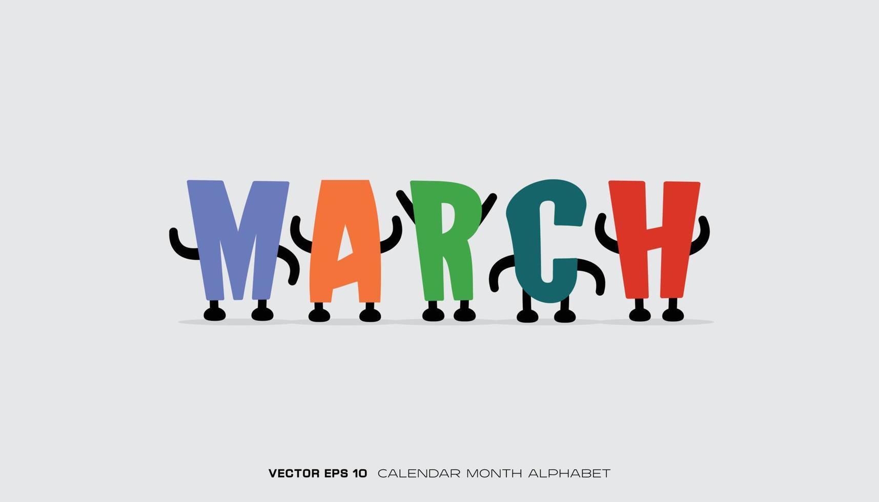 een alfabet dat maart zegt met kleurrijke ontwerpen en karakters. vector