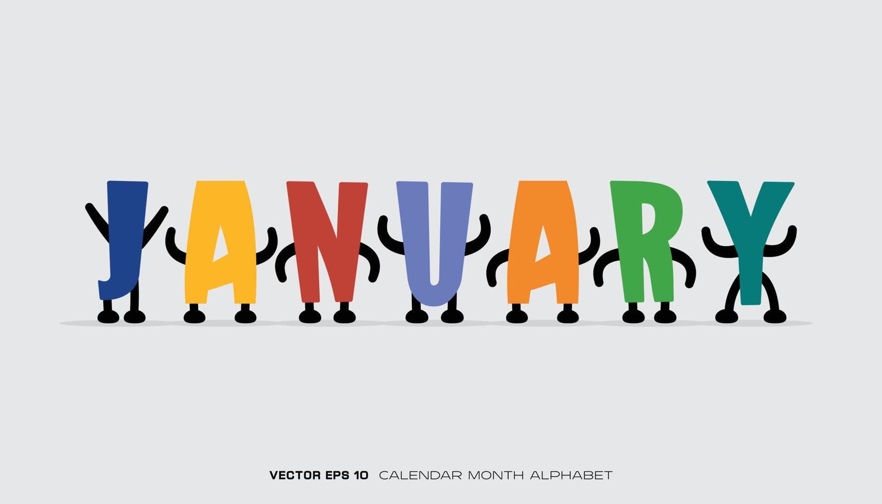 een alfabet dat januari zegt met kleurrijke ontwerpen en karakters. vector