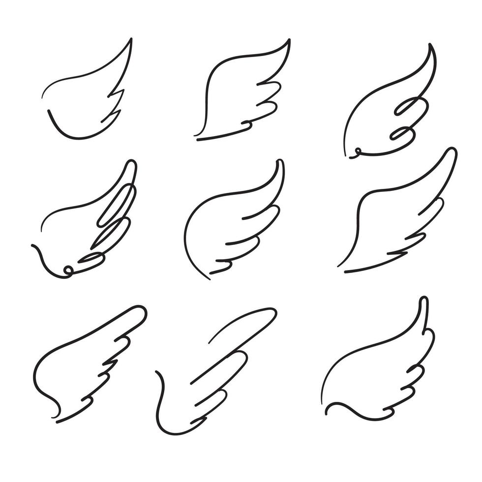 verzameling schets engelenvleugels. engel veer vleugel, vogel tattoo silhouet. lineaire vliegen gevleugelde engelen, vliegende hemel hand getrokken doodle vector iconen geïsoleerd