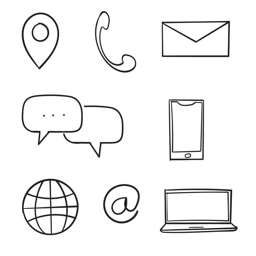 neem contact met ons op pictogrammen met handgetekende doodle lijn illustratie vector