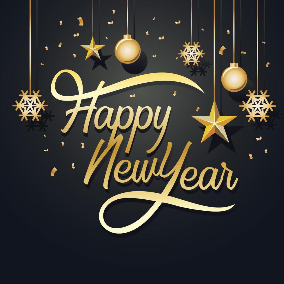 gelukkig nieuwjaar 2022 goud en zwarte kleuren plaats voor tekst kerstballen ster champagne glas vector