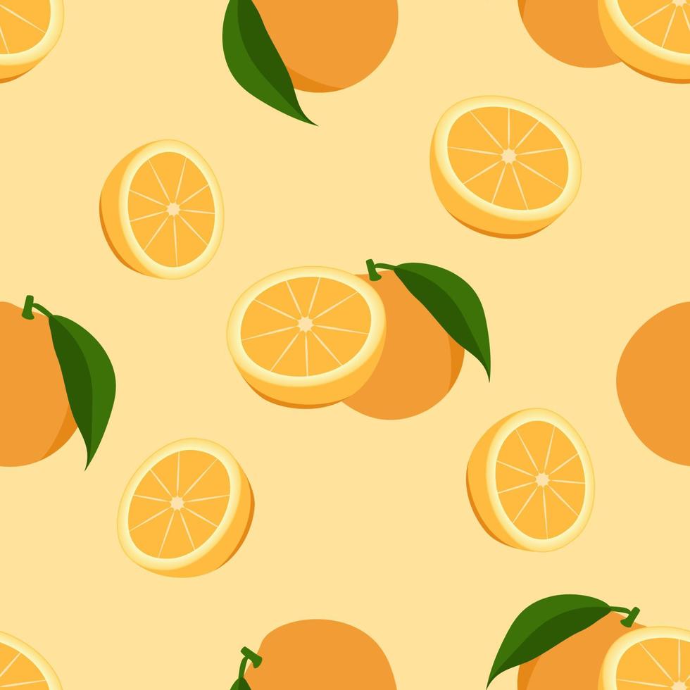 oranje herhalingspatroon, fruitige herhalingspatroon vectorillustratie gemaakt met oranje fruit op lichtgele achtergrond. vector