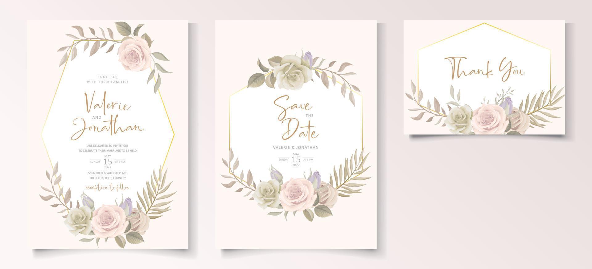 bruiloft uitnodiging sjabloon set met bloemen en bladeren decoratie vector