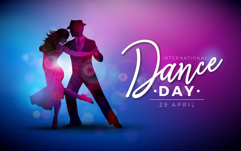Internationale dansdag vectorillustratie met tango dansende paar op paarse achtergrond. Ontwerpsjabloon vector