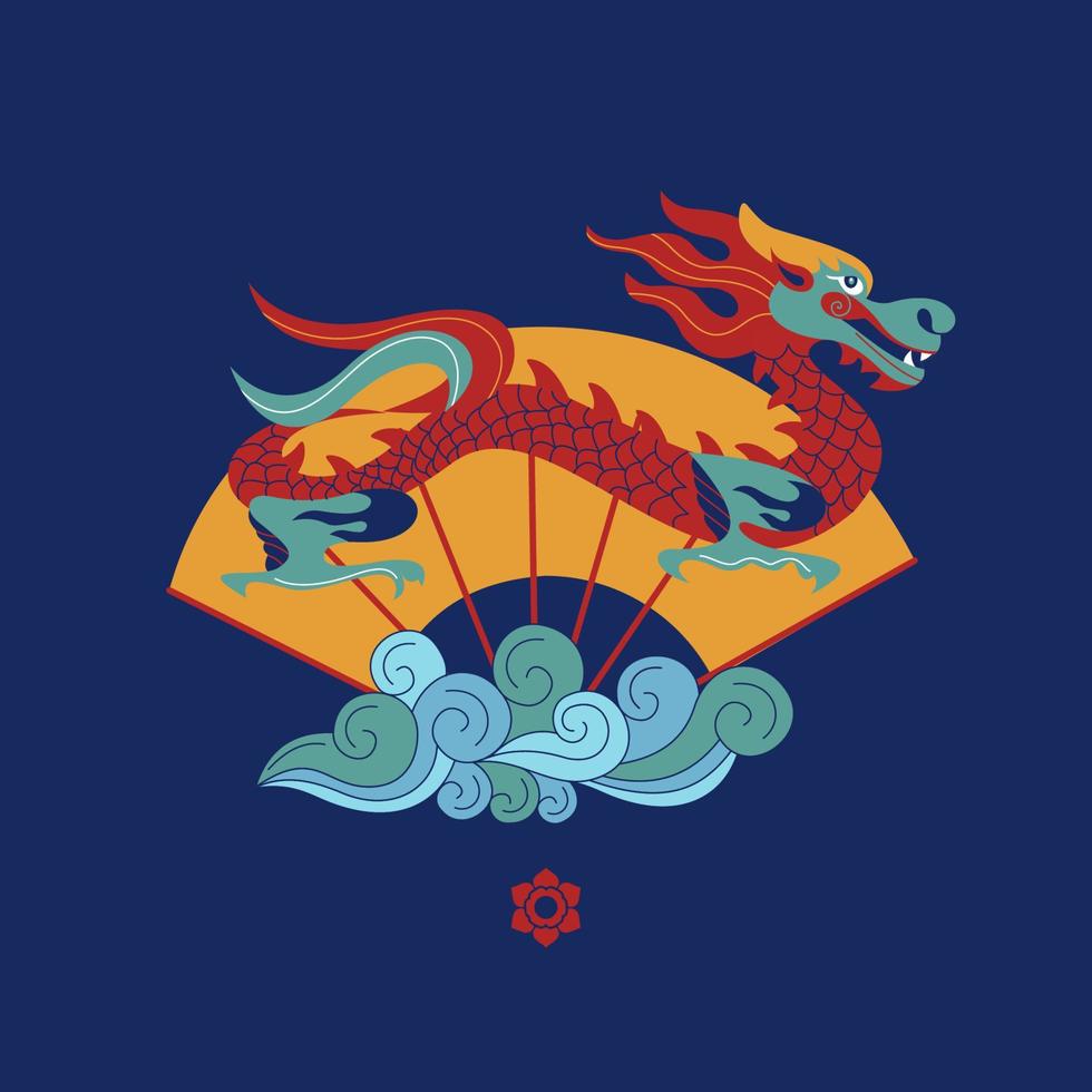 chinese draak, traditioneel patroon en chinese ventilator. vectorillustratie op blauwe achtergrond. vector