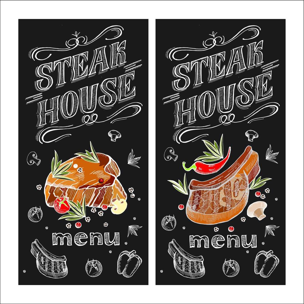 Steak-restaurant. vectorillustratiemenu. steak getekend met krijt op een zwart bord. hand getekende vectorillustratie. vector