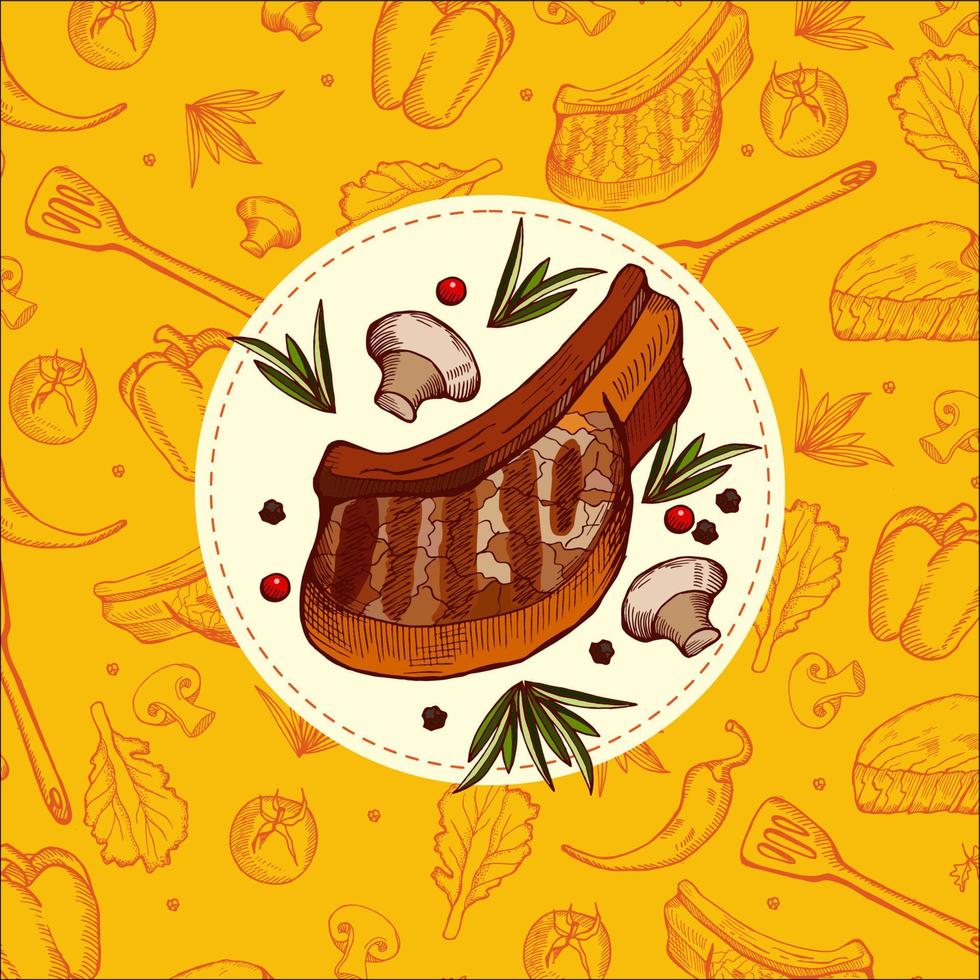 steak. biefstuk wordt getrokken. grill, barbecue. hand getekende vectorillustratie. vector