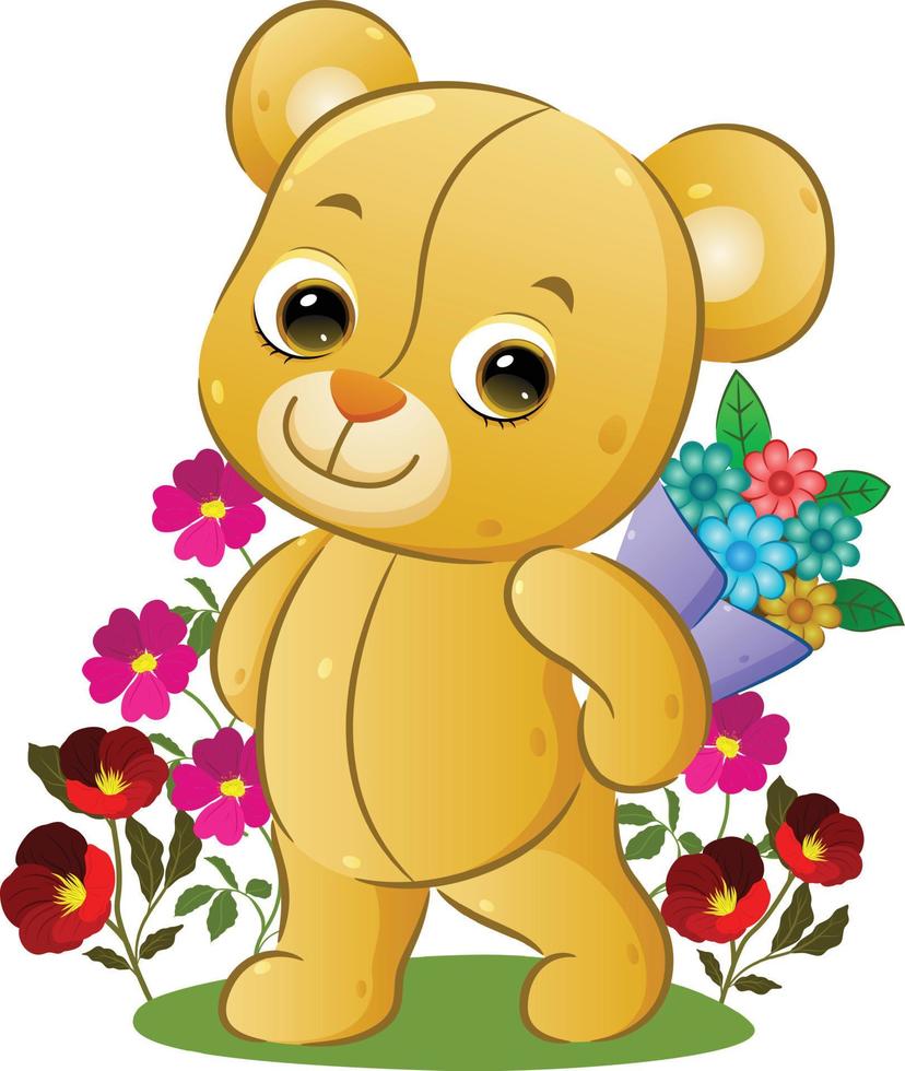 de vrolijke teddybeer houdt een emmer bloemen achter zijn rug in de tuin vector