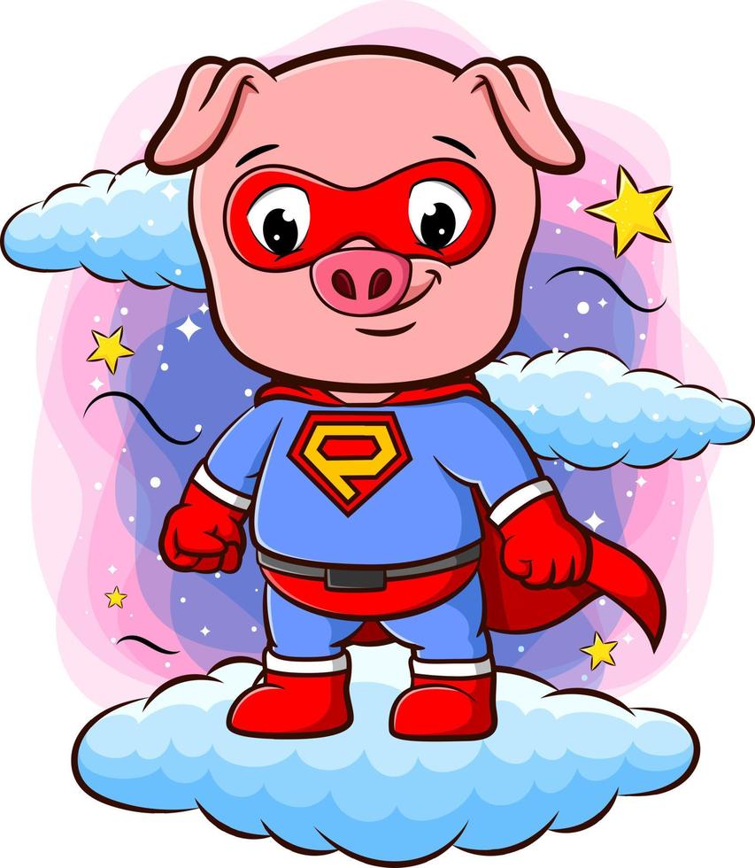 een varken dat een superheldenkostuum draagt en op een wolk staat vector