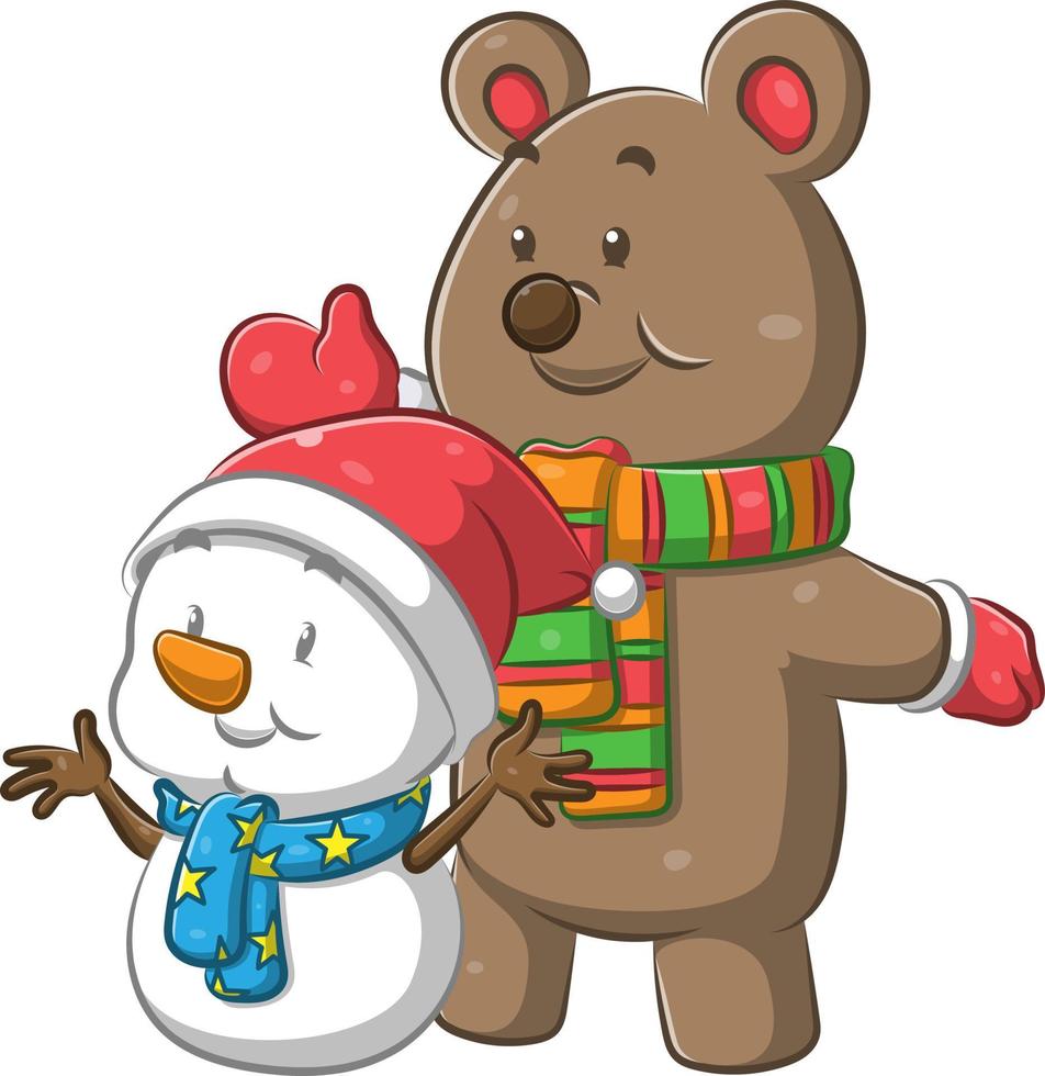 de beer met de sjaal en een kleine sneeuwpop met de kerstmuts vector