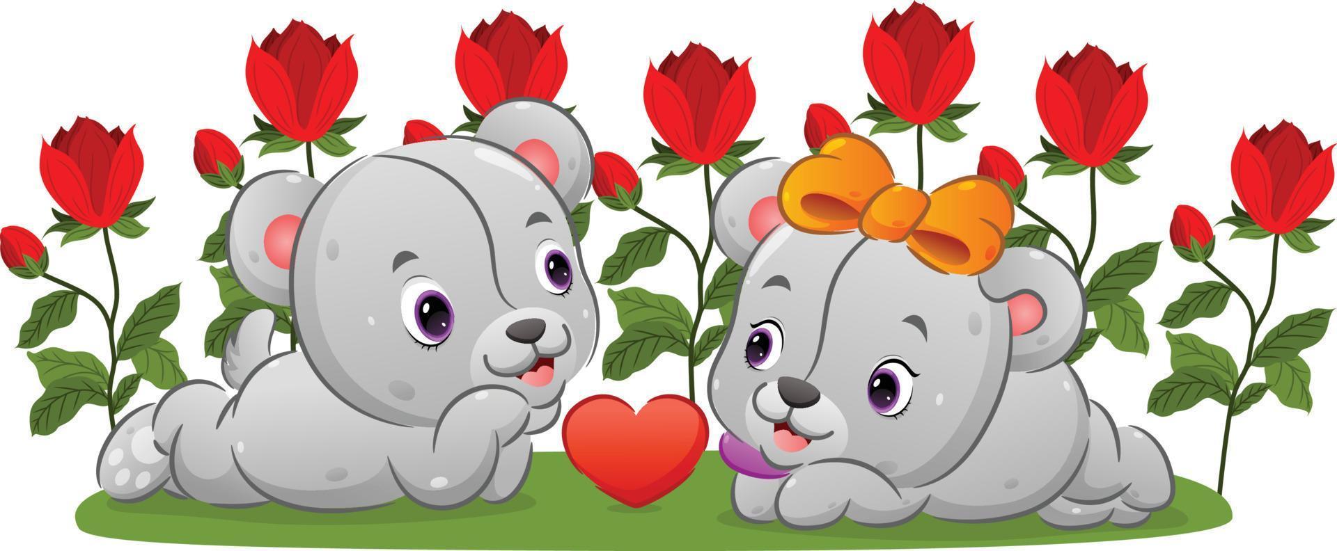 het paar teddybeer dateert in de bloementuin met het blije gezicht vector