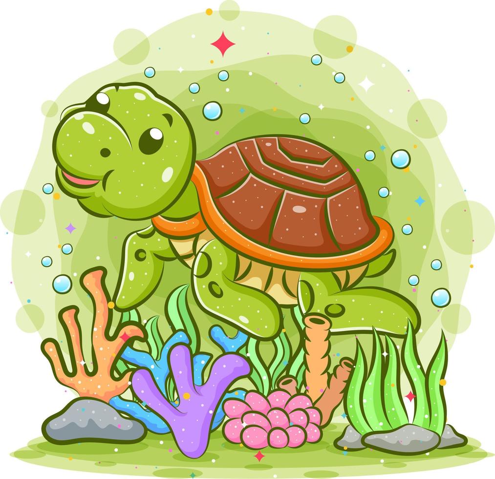 de kleine schildpad heeft de bruine schelp zwemt in het water vector