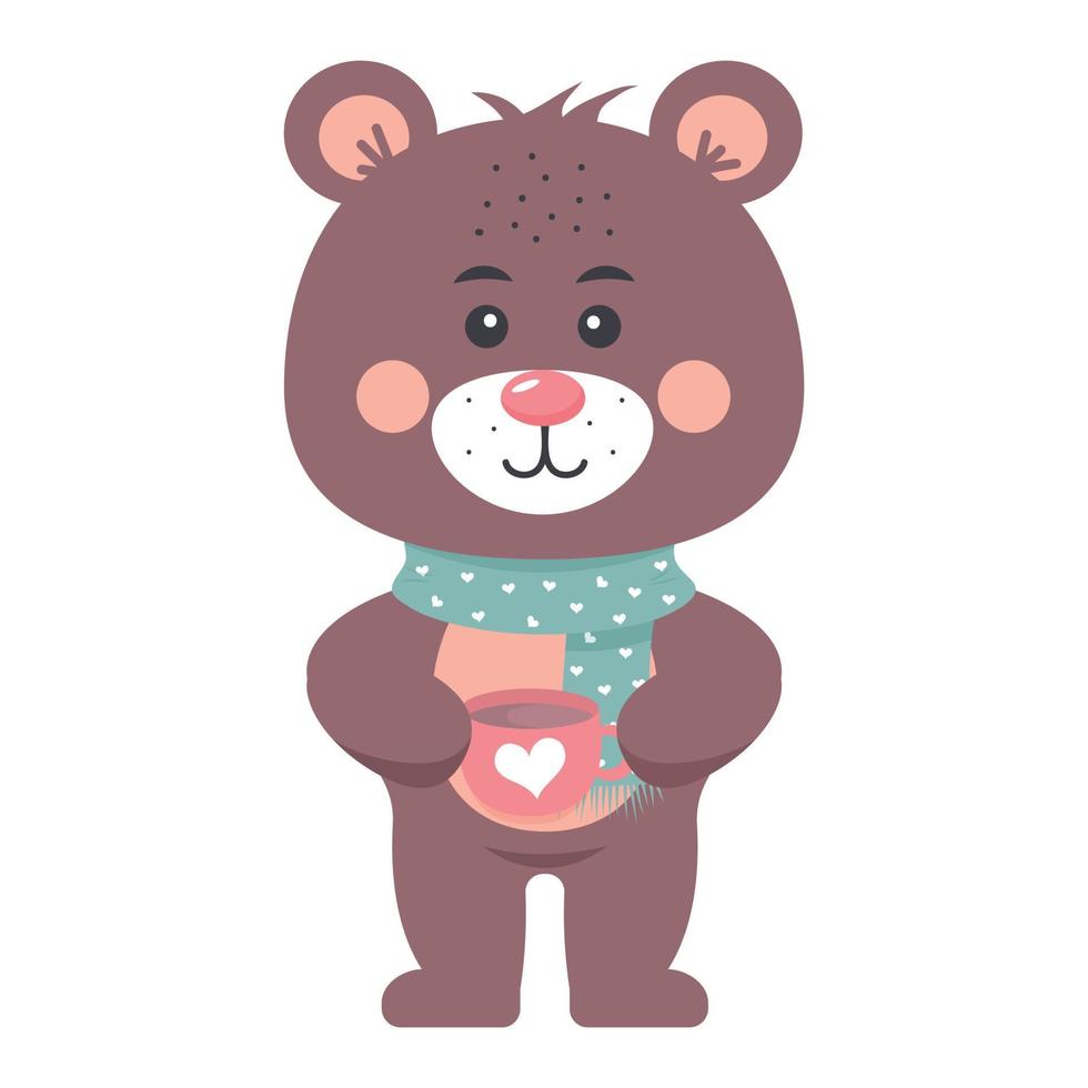 schattige teddybeer in een sjaal met een mok met een hart. vector