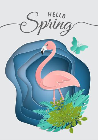 Stuk papier, origami, roze flamingo in tropische bladeren. Zomer trendy tropische sjabloon met fonkelende vuurvliegjes en exotische palm gebladerte in een cirkel. Wildlife concept. Vector bloemenachtergrond
