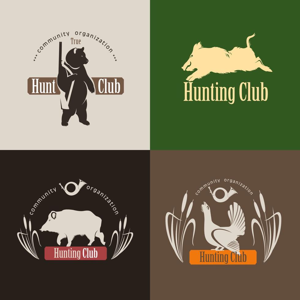 een set logo's, emblemen jachtclub. wild zwijn, een beer met een jachtgeweer, korhoen vector