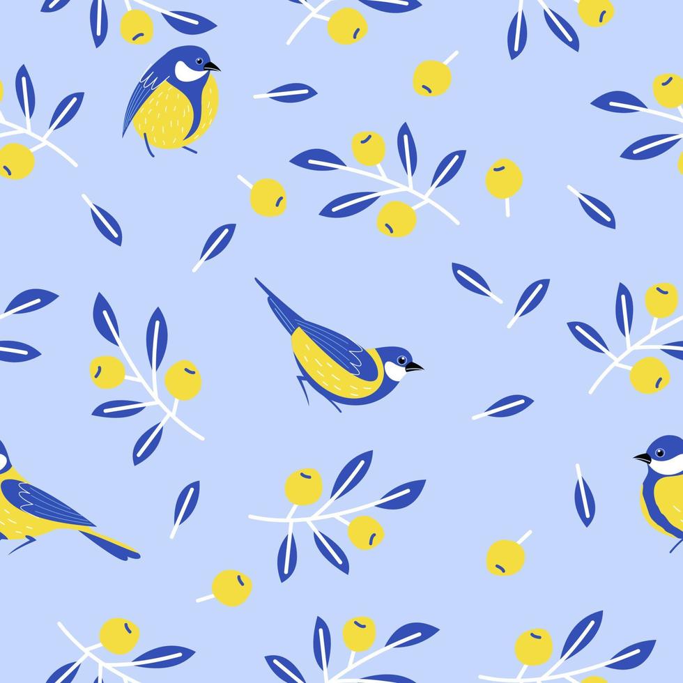 naadloze patronen met vogels, bloemen, bladeren en bessen. vectorillustratie. vector