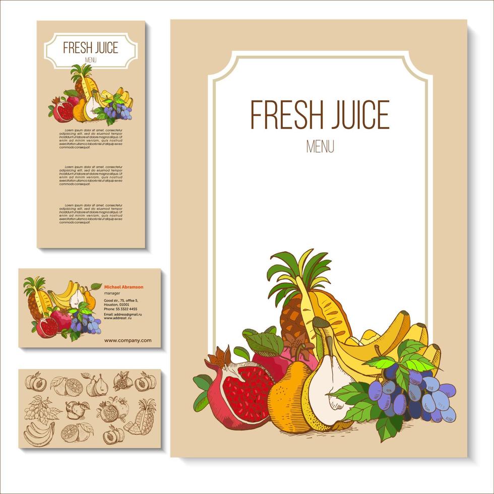 fruit, met de hand getekend. een reeks sjablonen van menu's van ambachtelijk papier, visitekaartjes, promotiefolders, vectorillustratie. vector