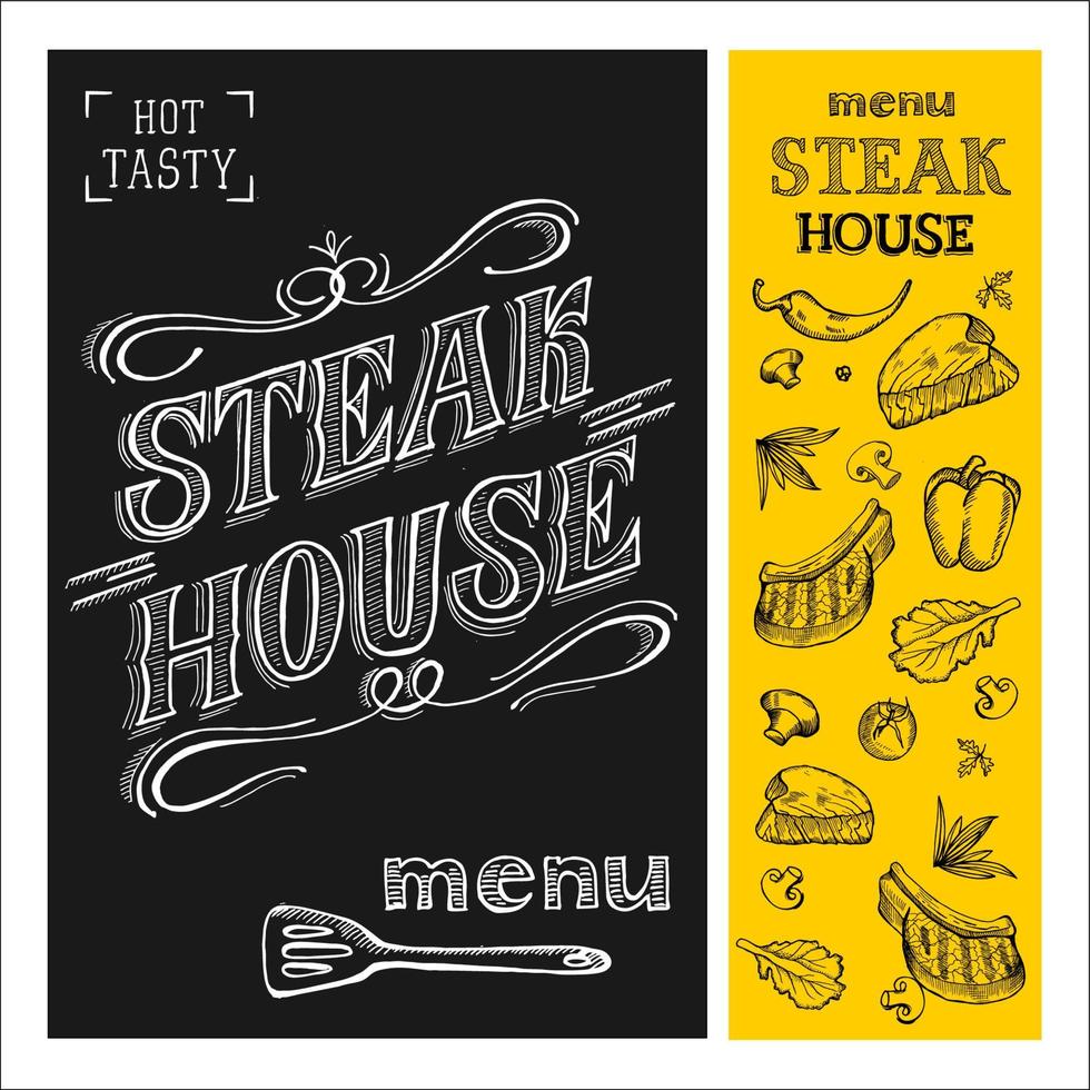 steakhouse menu. steak getekend met krijt op een zwart bord. hand getekend. vectorillustratie. vector