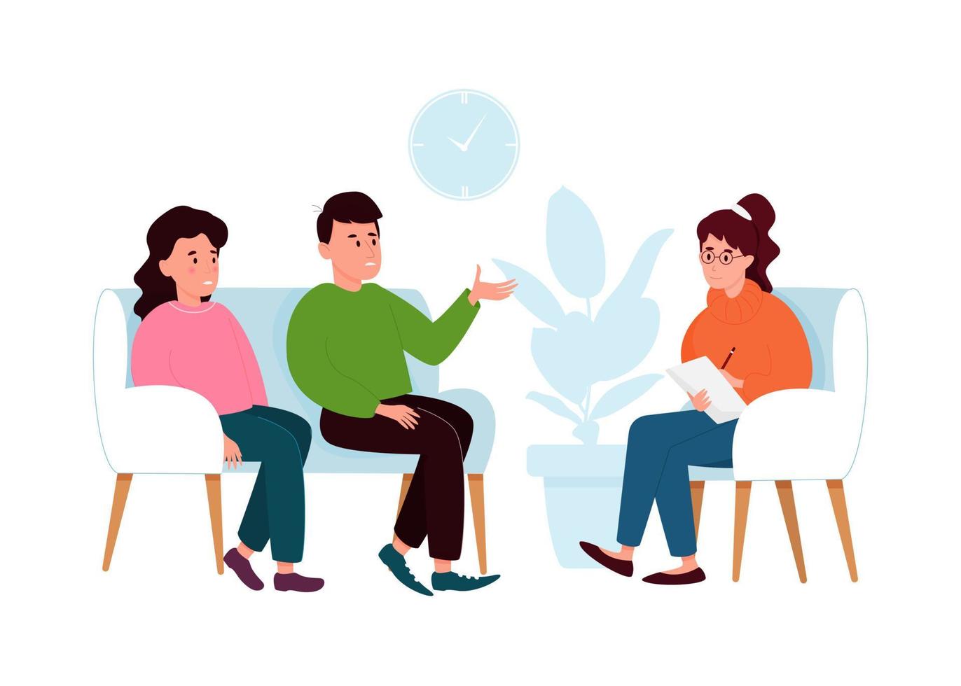 psychotherapiesessie met een getrouwd stel. geestelijke gezondheid concept. een man en een vrouw praten met een psycholoog over hun problemen. platte vectorillustratie vector