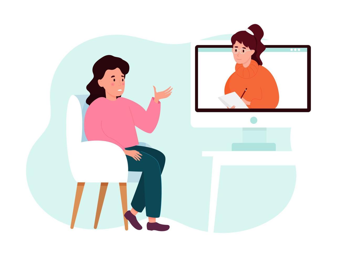 online psychotherapiesessie - vrouw vertelt een psycholoog op het scherm over de problemen. geestelijke gezondheid concept. vector illustratie