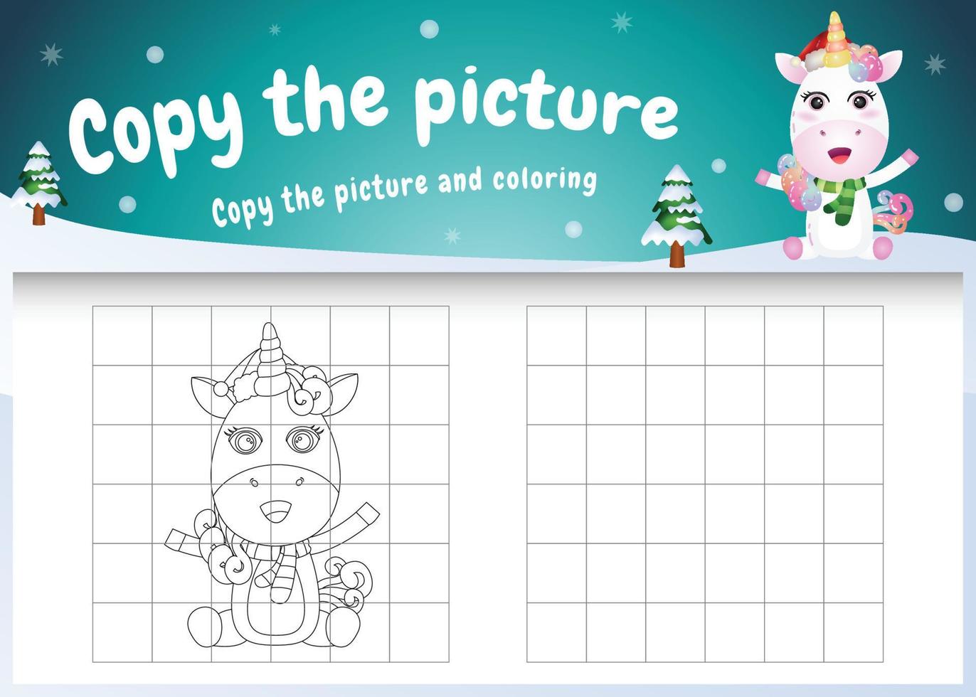 kopieer het kinderspel en de kleurplaat met een schattige eenhoorn met kerstkostuum vector