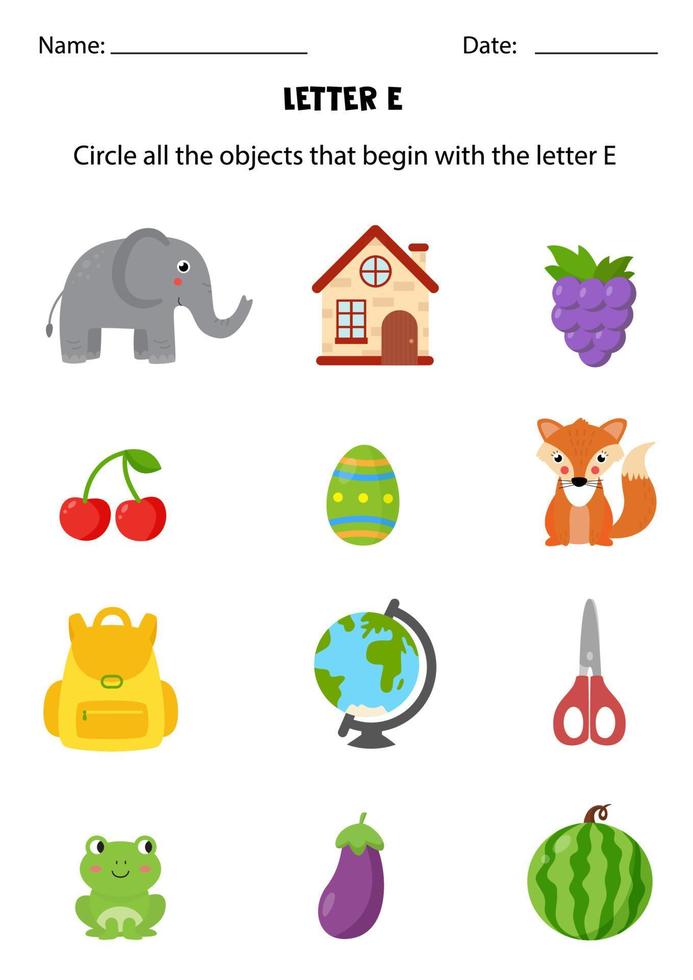 letterherkenning voor kinderen. omcirkel alle objecten die beginnen met e. vector