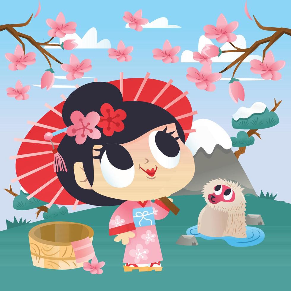 super schattig cartoon japans kimono meisje bij hot spring onsen vector