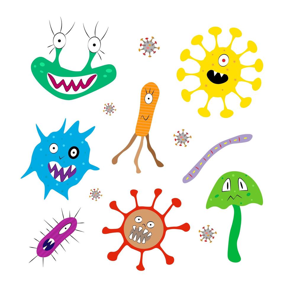 bacteriën, superbacteriën, viruspictogrammen ingesteld. illustratie voor achtergronden, covers, verpakkingen, wenskaarten, posters, stickers, textiel, seizoensgebonden ontwerp. geïsoleerd op een witte achtergrond. vector