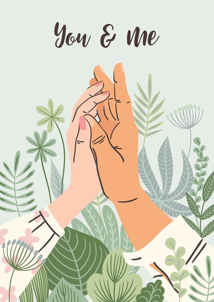 romantische illustratie met mannelijke en vrouwelijke handen. liefde, liefdesverhaal, relatie. vector valentijnsdag