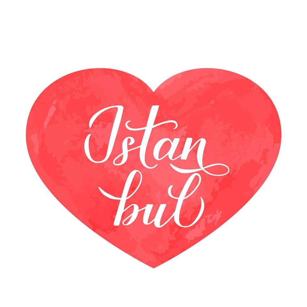 Istanbul kalligrafie belettering handgeschreven op rood aquarel hart. vectorsjabloon voor logo-ontwerp, reisbureaus, souvenirproducten, typografieposter, banner, kaarten, flyer, t-short, mok, enz. vector