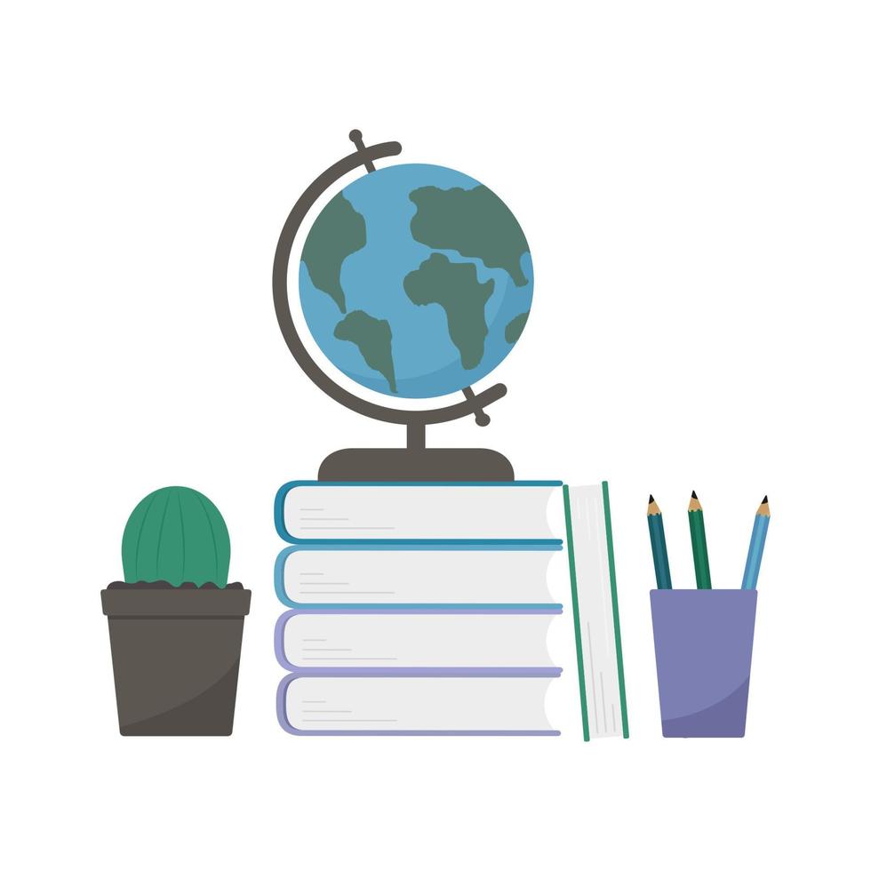 globe op een stapel boeken, potloden en cactus op geïsoleerd op wit. terug naar school platte vectorillustratie. werkplek van de leerling. onderwijs en leren concept. gemakkelijk te bewerken ontwerpsjabloon. vector