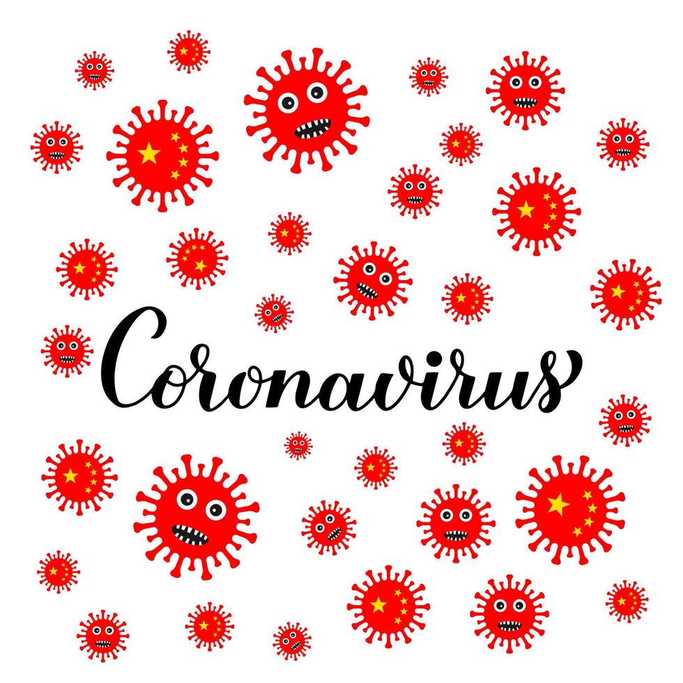 coronavirus stripfiguren en belettering geïsoleerd op een witte achtergrond. pathogeen respiratoir corona virus covid-19 uit wuhan, china. vector sjabloon voor typografie poster, flyer, banner, enz.