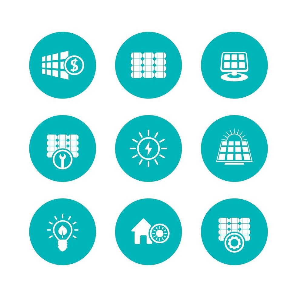 zonne-energiepictogrammen, panelen, alternatieve energie, platte ronde groene pictogrammen instellen, vectorillustratie vector