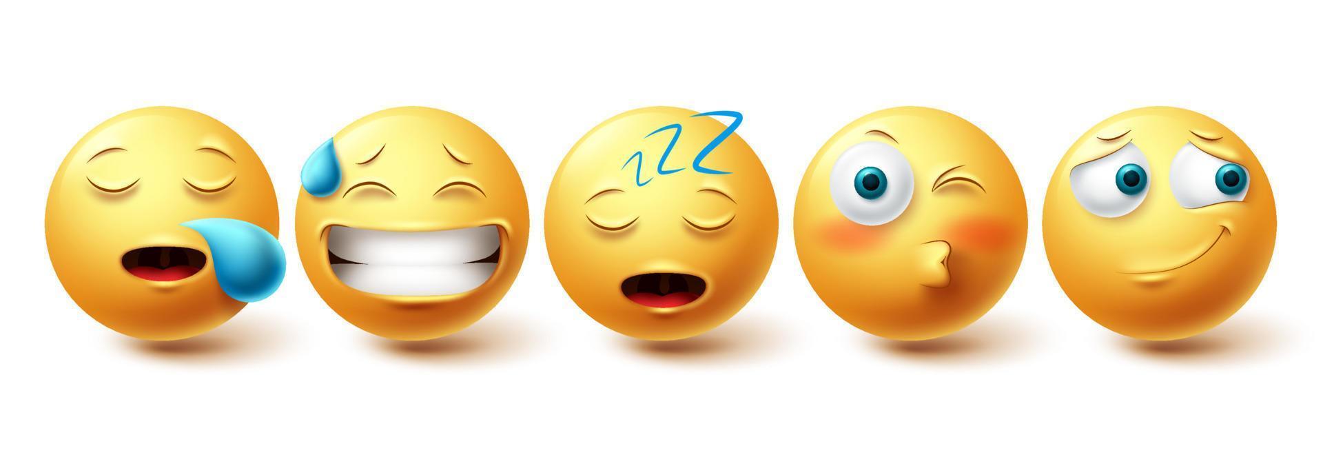 emoji slaperig gezicht vector set. emoticon geel met gelukkig, blozen, snurken en slapen collectie geïsoleerd op een witte achtergrond voor ontwerpelementen. vector illustratie