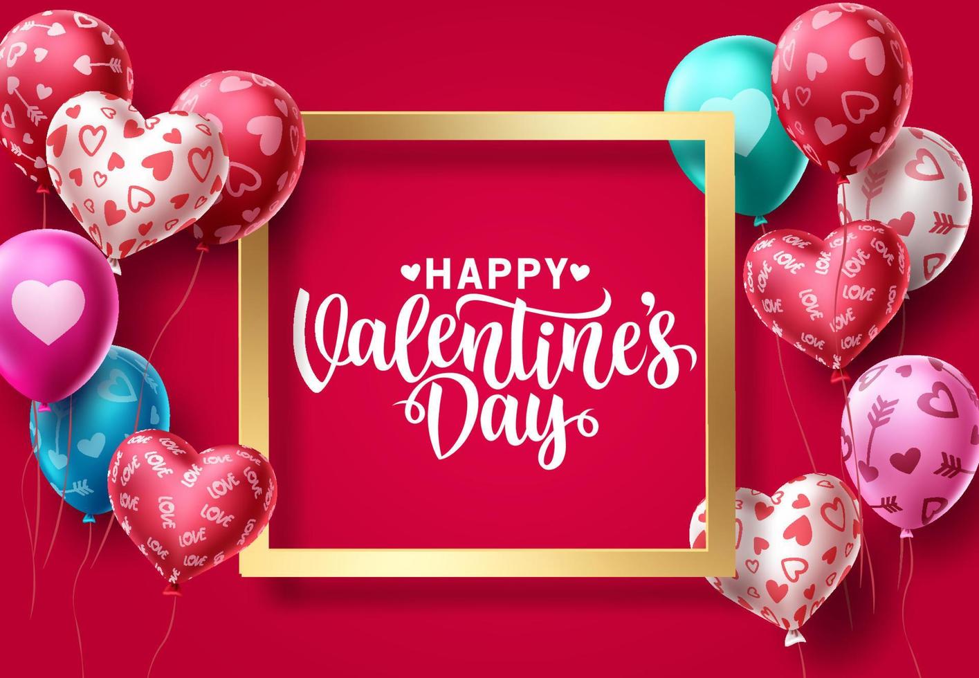 Valentijnsdag ballonnen vector achtergrondontwerp. gelukkige Valentijnsdag begroetingstekst in gouden frame met kleurrijke ballonpatronen en hartelementen op rode achtergrond. vectorillustratie.